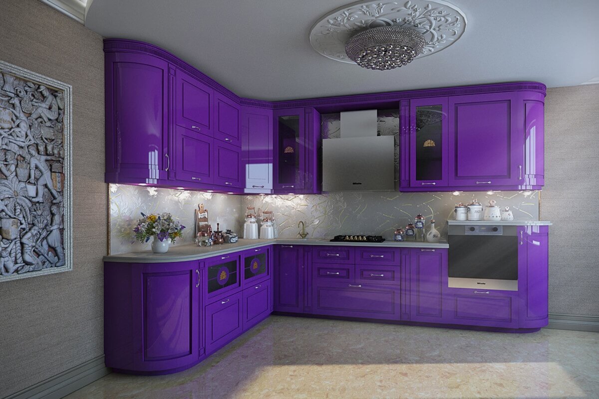Угловая фиолетовая кухня на заказ по индивидуальным размерам
